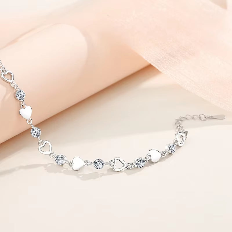925 Sterling Silver Hollow Heart Zircon Bracelets for Women Korean Sweet Sparkling Adjustable Chain Bracelet Fashion Jewelry