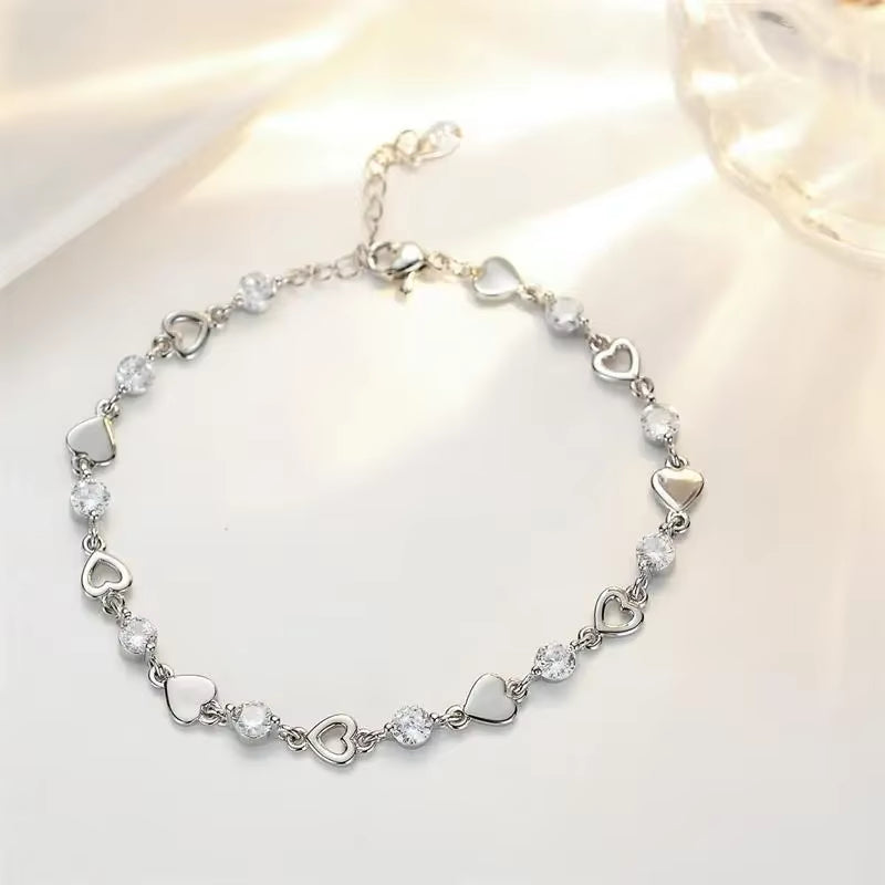 925 Sterling Silver Hollow Heart Zircon Bracelets for Women Korean Sweet Sparkling Adjustable Chain Bracelet Fashion Jewelry
