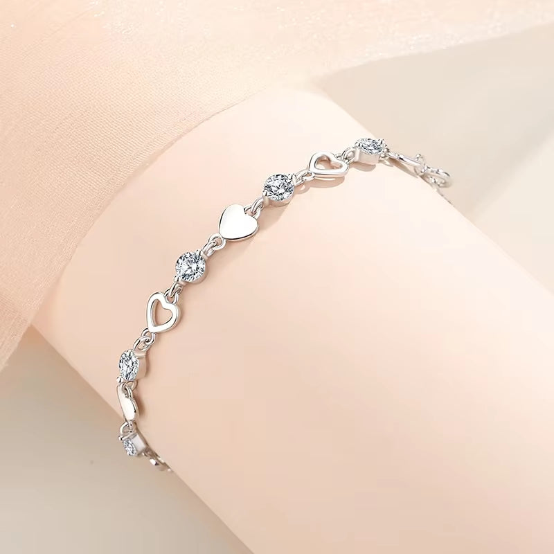 925 Sterling Silver Hollow Heart Zircon Bracelets for Women Korean Sweet Sparkling Adjustable Chain Bracelet Fashion Jewelry