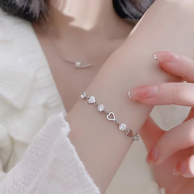 925 Sterling Silver Hollow Heart Zircon Bracelets for Women Korean Sweet Sparkling Adjustable Chain Bracelet Fashion Jewelry